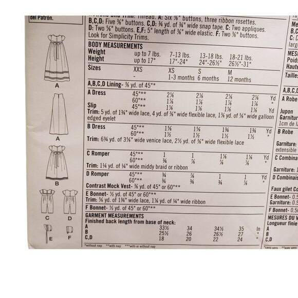 Simplicity Baby Christening Gown Romper Sets Sewing Patterns UNCUT - Picture 3 of 6